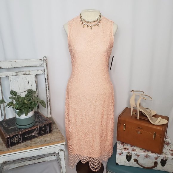 Peach Pink Sharagano Lace Midi Dress - Sz 6 (NWT) - Picture 1 of 15